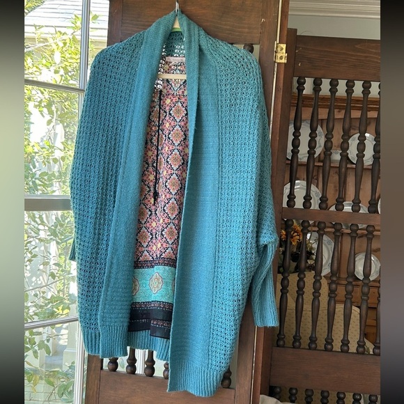 Oversized Cardigan Waffle Knit Teal Open Front Abercrombie & Fitch Cardigan - Picture 2 of 12